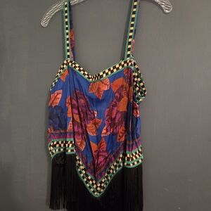 Anthropologie Blue Floral Camisole with Fringe